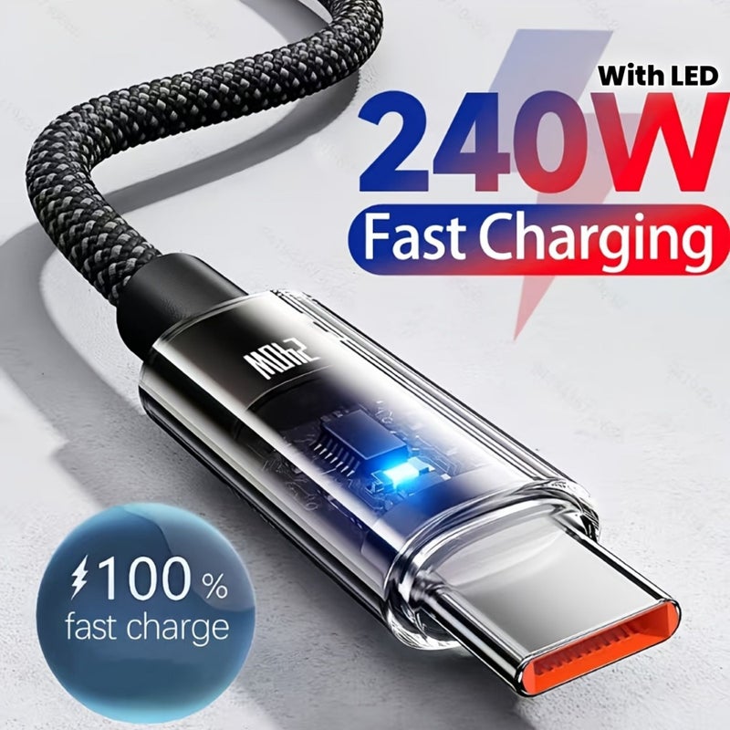 240W USB C Super Fast Charging Cable 9.84inch LED Display Nylon Cord - Image 1