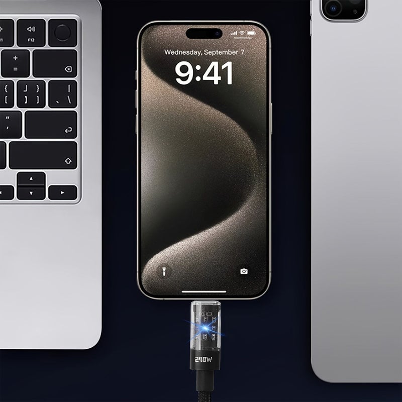 240W USB C Super Fast Charging Cable 9.84inch LED Display Nylon Cord - Image 4