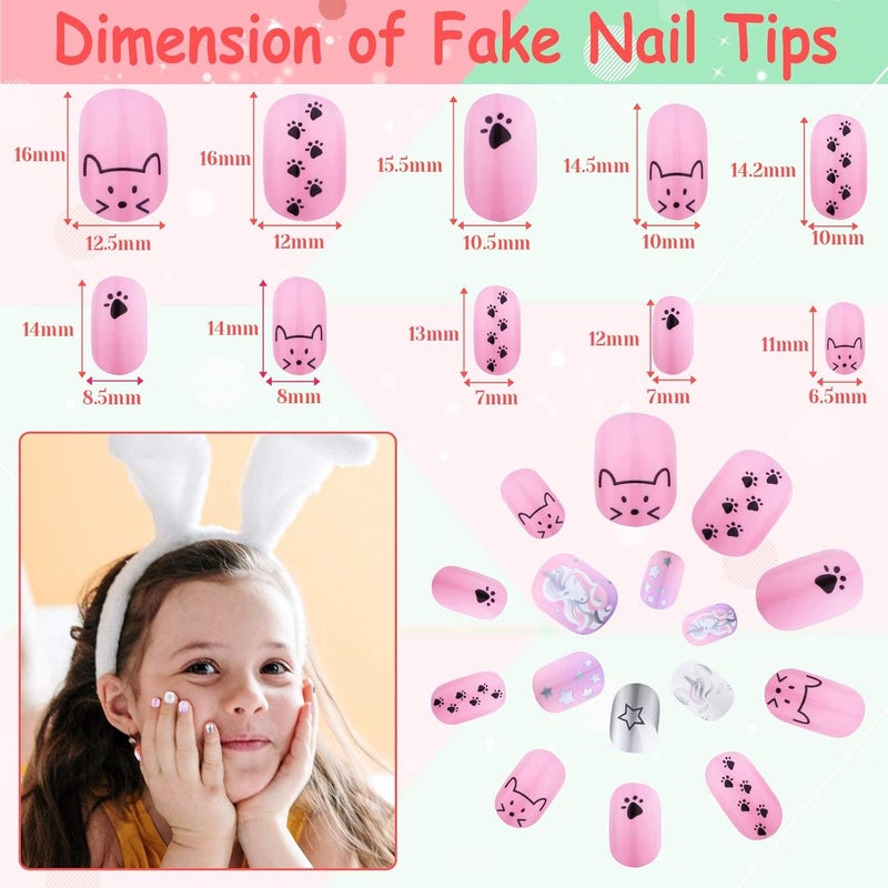 Thrilez 144 Pcs Kids Press on Nails for Girls, Teens - Artificial Nail Tips, Pre Glue Full Cover Short Nails - Nail Art Decoration (Pink Series) - Image 5