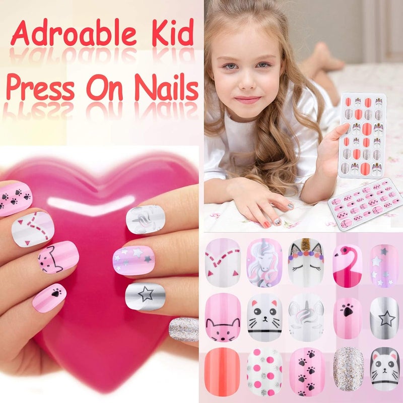 Thrilez 144 Pcs Kids Press on Nails for Girls, Teens - Artificial Nail Tips, Pre Glue Full Cover Short Nails - Nail Art Decoration (Pink Series) - Image 2