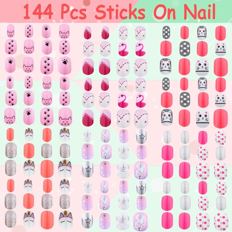 Thrilez 144 Pcs Kids Press on Nails for Girls, Teens - Artificial Nail Tips, Pre Glue Full Cover Short Nails - Nail Art Decoration (Pink Series) - Image 3