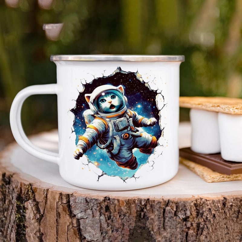 Loftipop Astronaut Space Cat Enamel Camp Mug Cat Animal Lover Campfire Camping Cup Fun Sci Fi Cosmic Gifts 12oz - Image 4