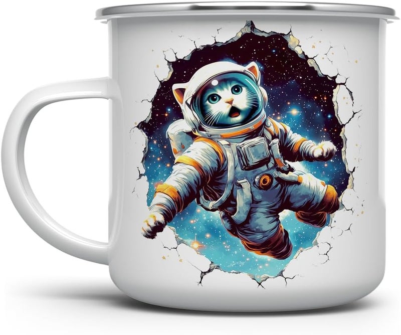 Loftipop Astronaut Space Cat Enamel Camp Mug Cat Animal Lover Campfire Camping Cup Fun Sci Fi Cosmic Gifts 12oz - Image 1
