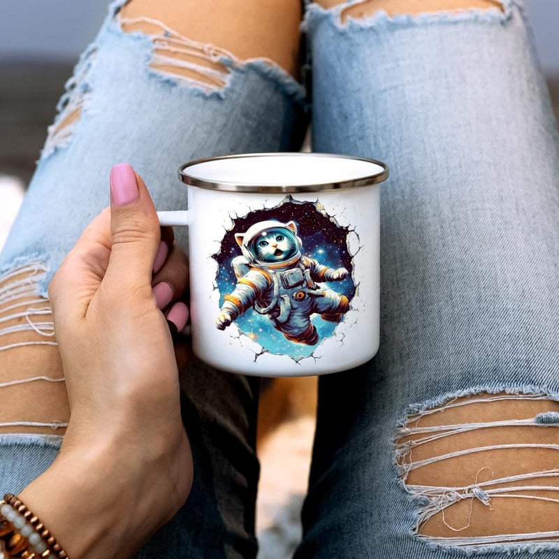 Loftipop Astronaut Space Cat Enamel Camp Mug Cat Animal Lover Campfire Camping Cup Fun Sci Fi Cosmic Gifts 12oz - Image 3