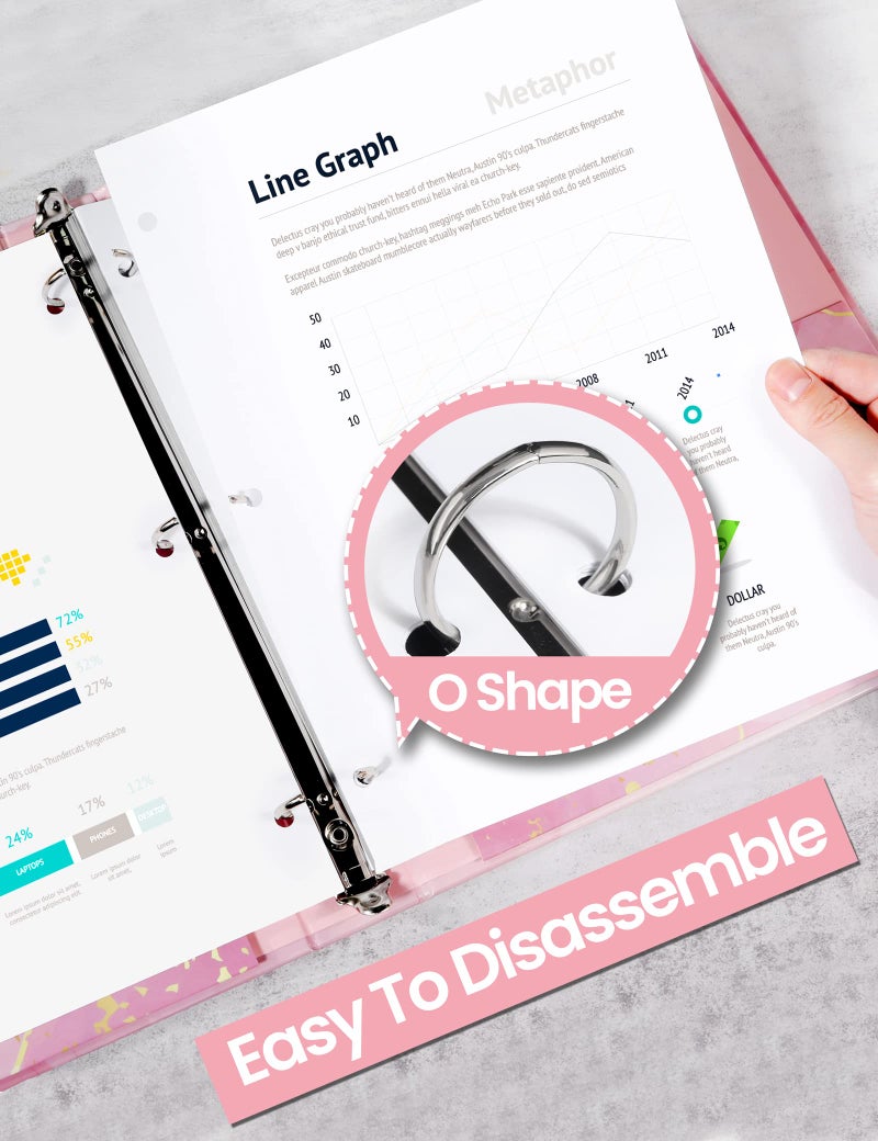 SUNEE 3 Ring Binder 1 Inch Cute Binder with 2 Pockets, Decorative Pink Marble Three Ring Heavy Duty (Fit 8.5x11 Inches) for School Supplies, Office Supplies - Image 3