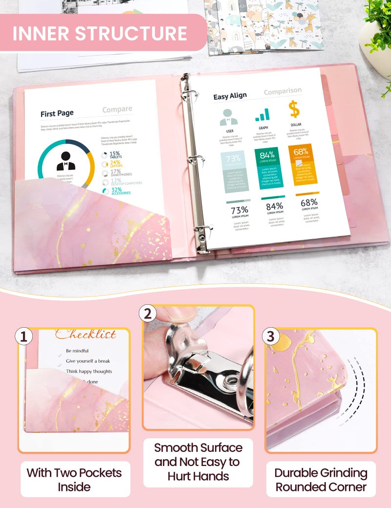 SUNEE 3 Ring Binder 1 Inch Cute Binder with 2 Pockets, Decorative Pink Marble Three Ring Heavy Duty (Fit 8.5x11 Inches) for School Supplies, Office Supplies - Image 4