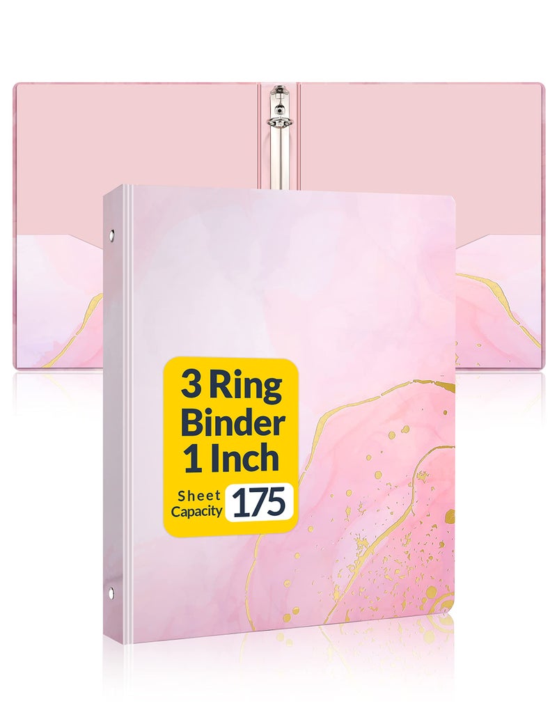 SUNEE 3 Ring Binder 1 Inch Cute Binder with 2 Pockets, Decorative Pink Marble Three Ring Heavy Duty (Fit 8.5x11 Inches) for School Supplies, Office Supplies - Image 1