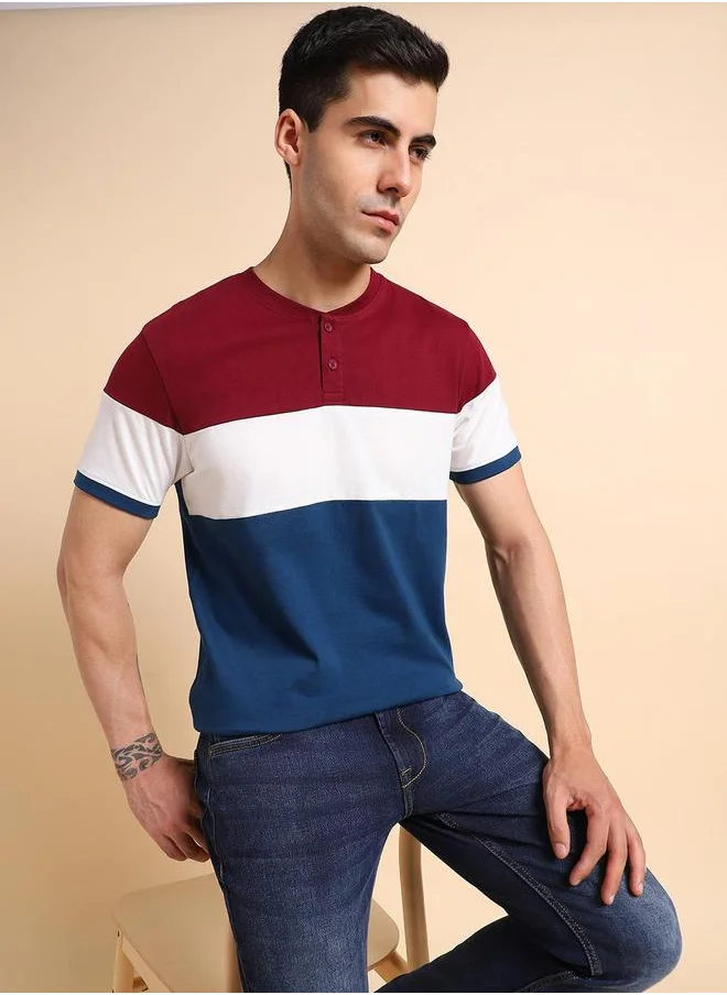 دينيس لينغو Maroon Colourblocked Regular Fit Henley Neck T-shirt for Men - 100% Cotton, Half Sleeves, Casual