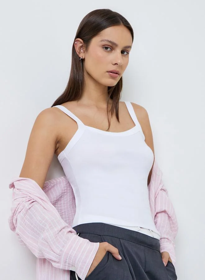 Styli White Ribbed Broad Strap Tank Top
