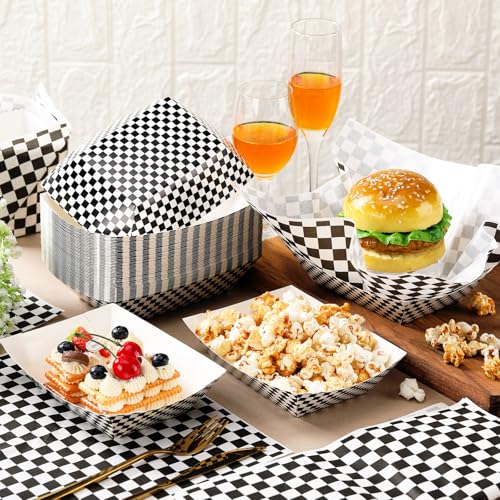 Geosar 100 Pcs Gingham Party Supply Disposable Paper Food Tray Bulk Disposable Food Boat with Checkered Wax Paper Sheet Checkered Wrapping Supply for Carnival Picnic Birthday Party (Black White) - Image 4