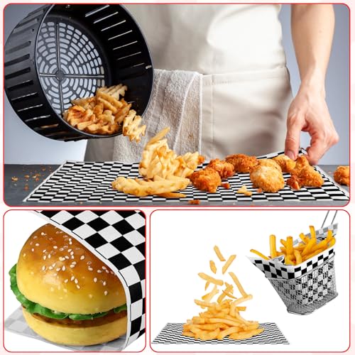 Geosar 100 Pcs Gingham Party Supply Disposable Paper Food Tray Bulk Disposable Food Boat with Checkered Wax Paper Sheet Checkered Wrapping Supply for Carnival Picnic Birthday Party (Black White) - Image 5