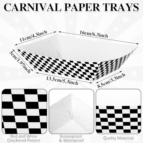 Geosar 100 Pcs Gingham Party Supply Disposable Paper Food Tray Bulk Disposable Food Boat with Checkered Wax Paper Sheet Checkered Wrapping Supply for Carnival Picnic Birthday Party (Black White) - Image 2