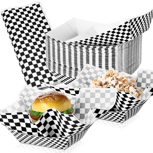 Geosar 100 Pcs Gingham Party Supply Disposable Paper Food Tray Bulk Disposable Food Boat with Checkered Wax Paper Sheet Checkered Wrapping Supply for Carnival Picnic Birthday Party (Black White) - Image 1