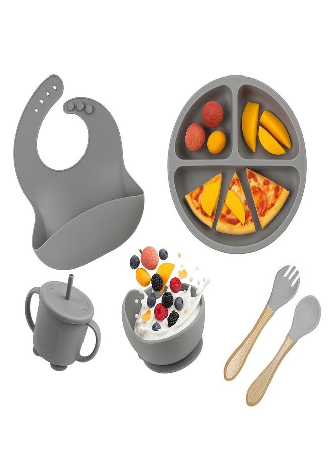 opriQ 6PCS Silicone Baby Feeding Set | Baby-Led Weaning Essentials with Suction Bowl, Divided Plate, Bib, Spoon, Fork & Cup | BPA-Free, Food-Grade, Dishwasher & Microwave Safe (Grey) - Image 1