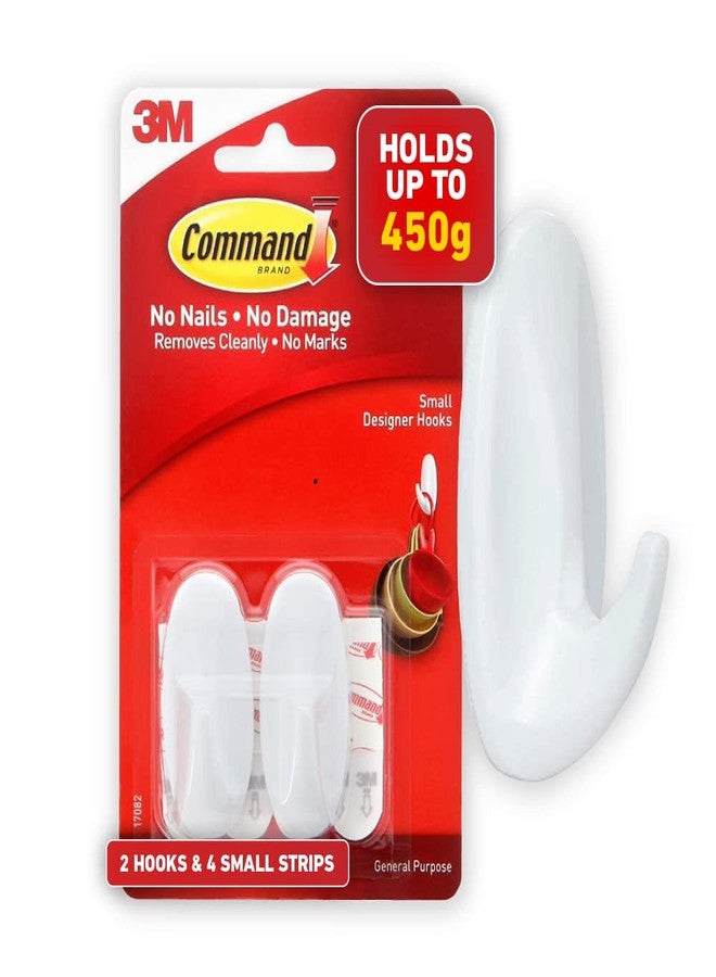 Command 3M Command Small Designer Hooks, Holds up to 450 gms, No Paint Damage, Holds Strongly, Reusable, Adhesive hooks for wall, Multi-surface (White, 2 hooks, 4 strips) - Image 1