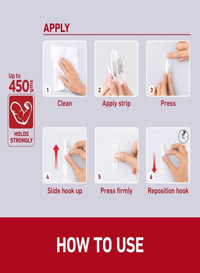 Command 3M Command Small Designer Hooks, Holds up to 450 gms, No Paint Damage, Holds Strongly, Reusable, Adhesive hooks for wall, Multi-surface (White, 2 hooks, 4 strips) - Image 5
