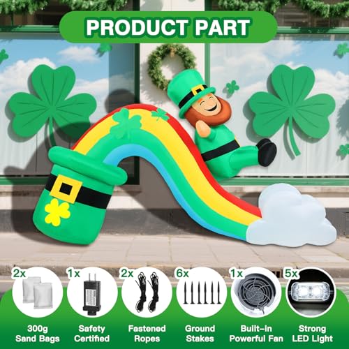 Aotiooy 7 FT Long St Patricks Day Inflatable Outdoor Decorations, Blow Up St. Patrick’s Day Leprechaun Sliding Down Rainbow Yard Decor, Built-in LED Lights Patrick Holiday Decoration for Outside Lawn Garden - Image 4