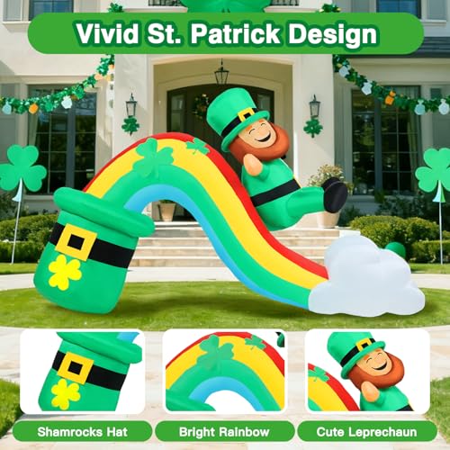 Aotiooy 7 FT Long St Patricks Day Inflatable Outdoor Decorations, Blow Up St. Patrick’s Day Leprechaun Sliding Down Rainbow Yard Decor, Built-in LED Lights Patrick Holiday Decoration for Outside Lawn Garden - Image 3