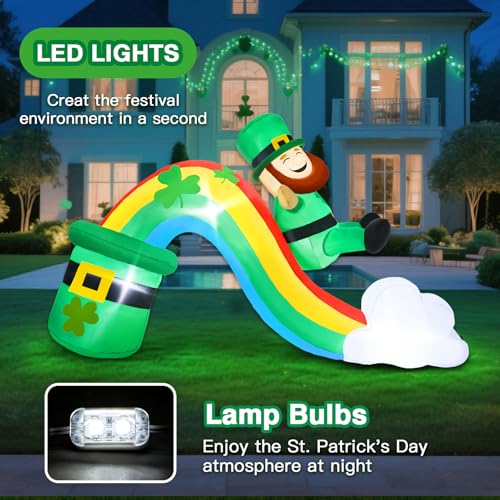 Aotiooy 7 FT Long St Patricks Day Inflatable Outdoor Decorations, Blow Up St. Patrick’s Day Leprechaun Sliding Down Rainbow Yard Decor, Built-in LED Lights Patrick Holiday Decoration for Outside Lawn Garden - Image 5