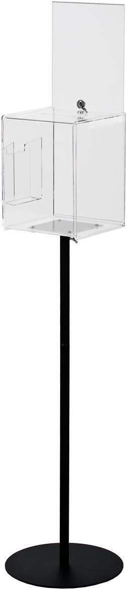 Displays2go FloorStanding Ballots Box with Side Pocket for Entry Forms and 2 85x11 Sign Holders Locking Door  Clear Acrylic Box with Black Steel Pedestal Stand - Image 1