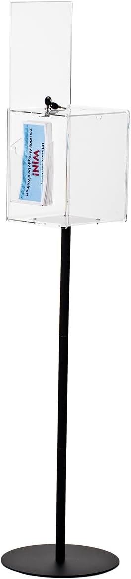 Displays2go FloorStanding Ballots Box with Side Pocket for Entry Forms and 2 85x11 Sign Holders Locking Door  Clear Acrylic Box with Black Steel Pedestal Stand - Image 2
