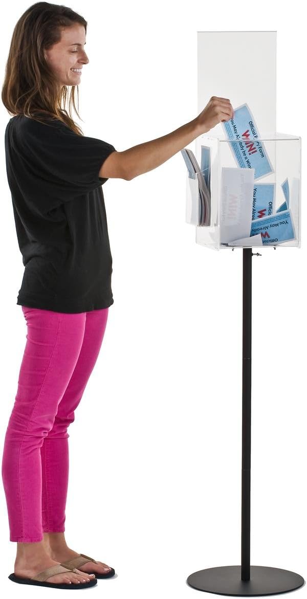 Displays2go FloorStanding Ballots Box with Side Pocket for Entry Forms and 2 85x11 Sign Holders Locking Door  Clear Acrylic Box with Black Steel Pedestal Stand - Image 4