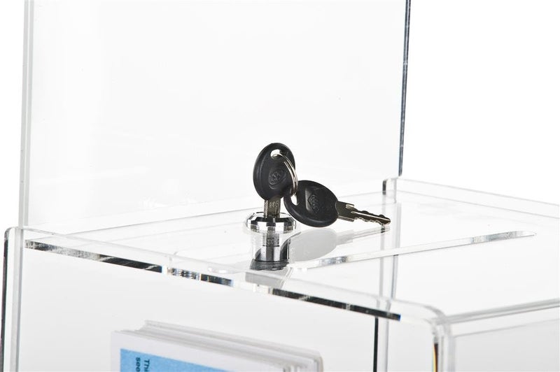Displays2go FloorStanding Ballots Box with Side Pocket for Entry Forms and 2 85x11 Sign Holders Locking Door  Clear Acrylic Box with Black Steel Pedestal Stand - Image 3