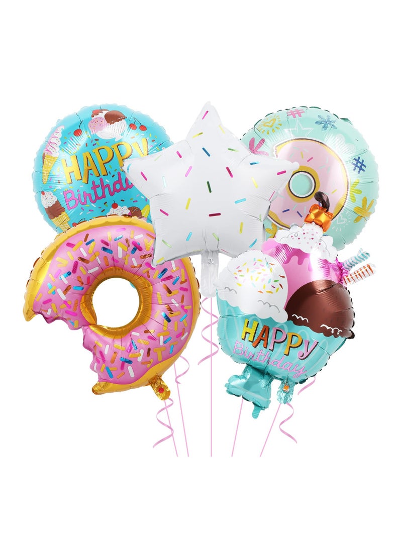 SYOSI Birthday Party Decorations, Donut Birthday Party Decorations for Girls, 5Pcs Sweet Donut Ice Cream Foil Balloons, Donut Party Decorations, Happy Birthday Decorations, for Girls Kids Women - Image 1