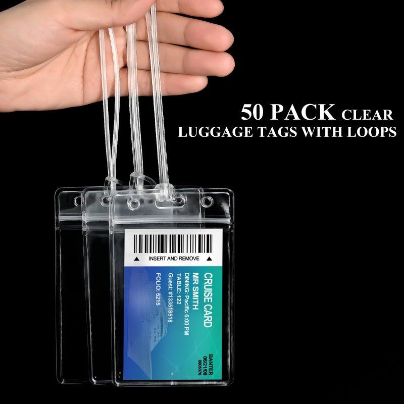 koorito 50 Pack Clear Plastic Luggage Bag Tag Holder Badge Label Tag Holder with 50 Pack Luggage Loops Straps for Office Business Travel Supplies - Image 5