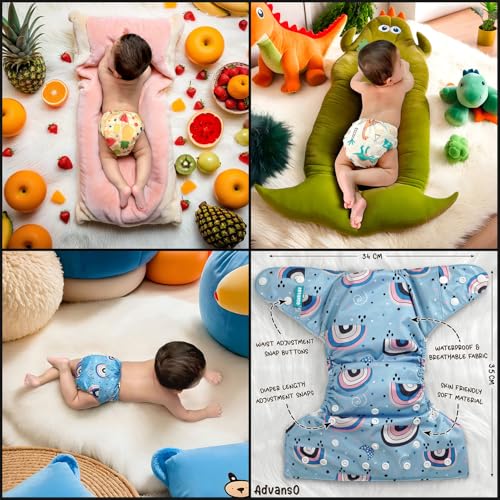 Advanso Leakage Proof cloth diapers for babies, high absorbent 3 reusable diaper 6 insert pad combo pack washable cloth diaper free size 5-18kg adjustable pocket cover 72 - Image 4