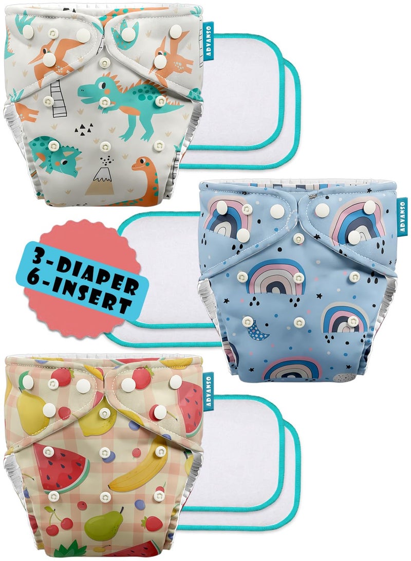 Advanso Leakage Proof cloth diapers for babies, high absorbent 3 reusable diaper 6 insert pad combo pack washable cloth diaper free size 5-18kg adjustable pocket cover 72 - Image 1