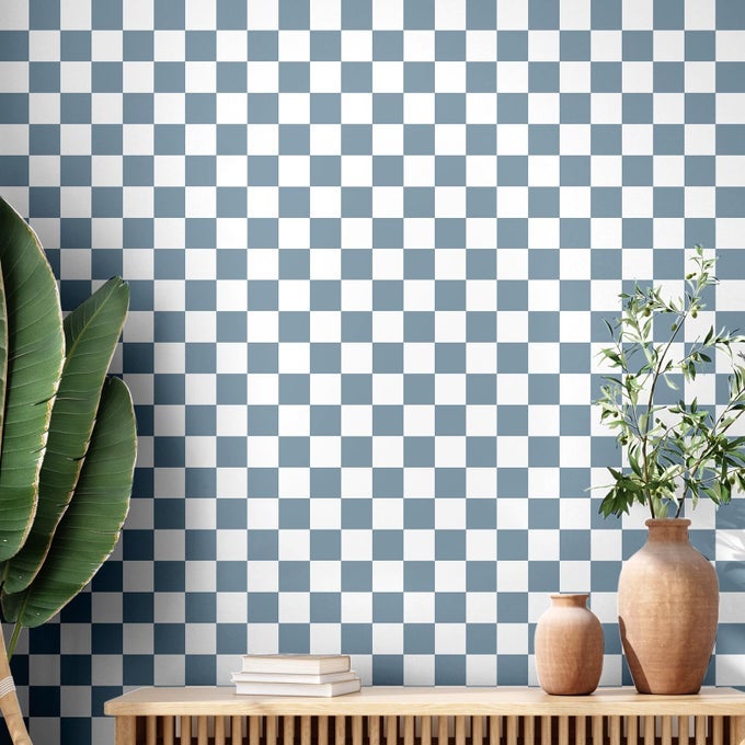 BLUE CHECKERED PEEL AND STICK WALLPAPER 70S RETRO FUNKY CHECKERED CONTACT PAPER GEOMETRIC WATERPROOF WALLPAPER NEUTRAL CHECKERBOARD DECOR FOR BATHROOM CABINET98 X 1575