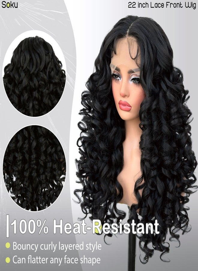 SOKU Long Curly Wig, Glueless Lace Front Wigs for Black Women 22 Inch Pre Plucked Ready to Wear Black Layered Wig with Natural Hairline 13x4x1 HD Lace Frontal - Image 3