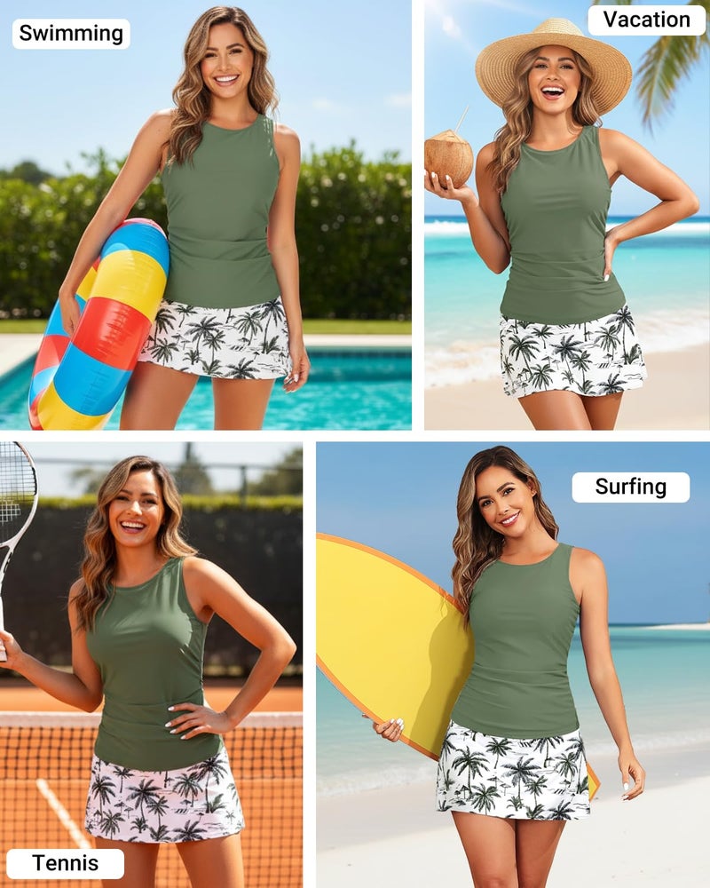 Daci Womens Green Palm Tree Tankini Swimsuits with Skirt - Two Piece Tummy Control Bathing Suits High Neck Swimwear XL - Image 2