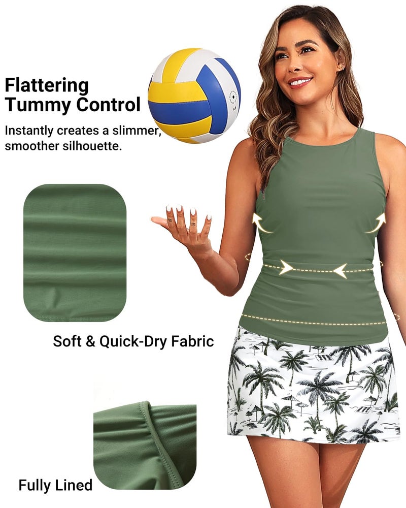 Daci Womens Green Palm Tree Tankini Swimsuits with Skirt - Two Piece Tummy Control Bathing Suits High Neck Swimwear XL - Image 5