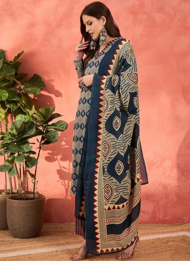 SASSAFRAS Geometric Printed Kurta Set With Dupatta For Women
