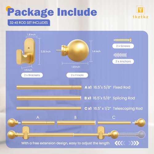 TKZTKZ Curtain Rods No Drilling for Windows 32 to 45 Inch:No Drill Small Gold Curtain Rod with Adhesive Brackets for Bedroom,5/8" Apartment Renter Friendly Adjustable Drapery Rods Easy Install - Image 5