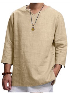 S SYMEFER Mens Linen Shirts V-Neck Cotton Grandad Shirt Long Sleeve Tops Hippie T Shirts Tops Blouse Loose Fit Basic Tunic Tops Casual Office Work Shirt, Khaki-L  - Image 1