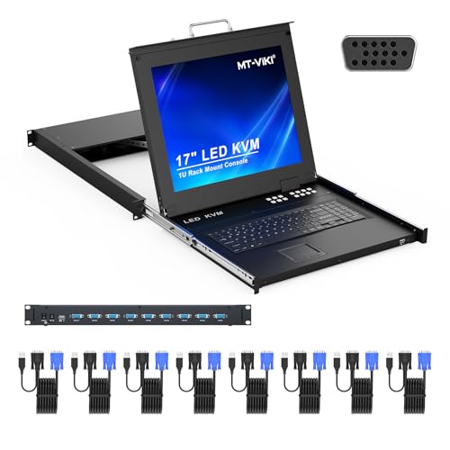 MT-Viki 17'' Rack Mount KVM Switch VGA 8 Port, Rackmount Monitor KVM Fit 1U 19'' Rack, 600-800mm(23.6~31.8'') Depth, Integrated with Keyboard+Touch pad+Drawer+8 KVM Cables - Image 1