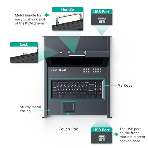 MT-Viki 17'' Rack Mount KVM Switch VGA 8 Port, Rackmount Monitor KVM Fit 1U 19'' Rack, 600-800mm(23.6~31.8'') Depth, Integrated with Keyboard+Touch pad+Drawer+8 KVM Cables - Image 3