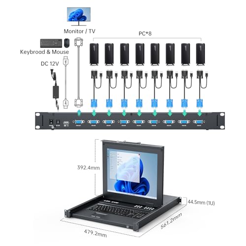 MT-Viki 17'' Rack Mount KVM Switch VGA 8 Port, Rackmount Monitor KVM Fit 1U 19'' Rack, 600-800mm(23.6~31.8'') Depth, Integrated with Keyboard+Touch pad+Drawer+8 KVM Cables - Image 4