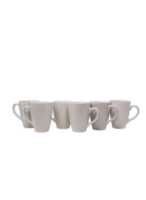 Gourmet Basics Stoneware Mugs 470ml, Pack Of 6 With Assorted Embossed Patterns (White)