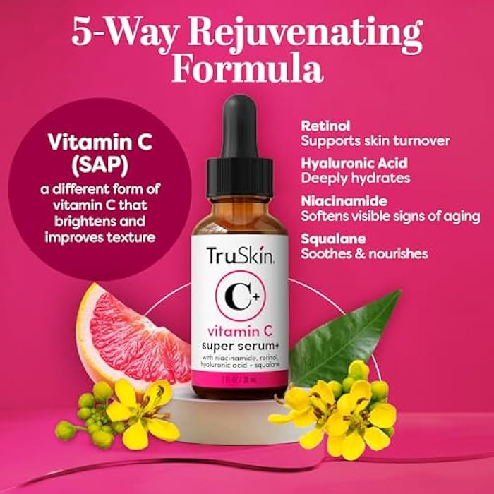 TruSkin Vitamin C Super Serum - Niacinamide, Retinol, Hyaluronic Acid & Squalane - All-in-One Anti Aging Serum for Face – Improve Appearance of Dark Spots, Firmness for Brighter Looking Skin, 2 Fl Oz - Image 2