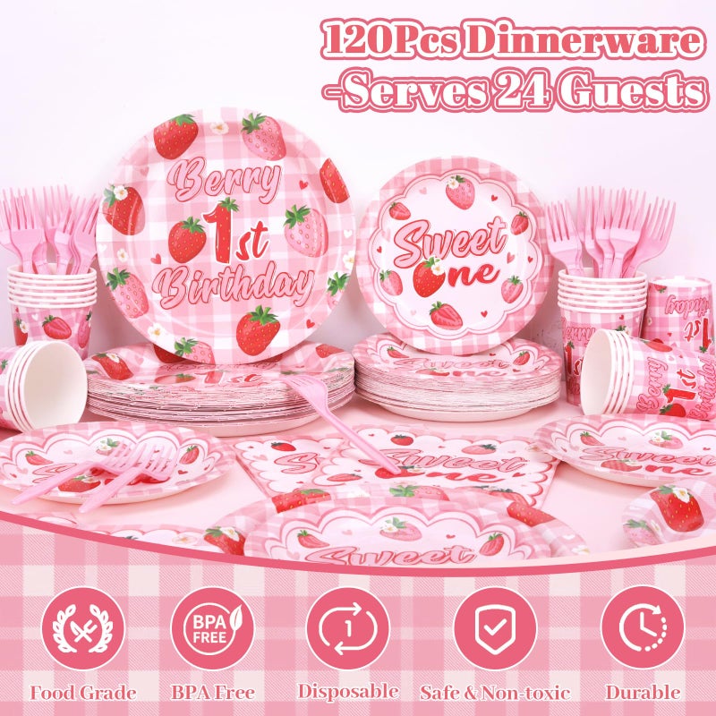 REDWORD Berry First Birthday Decor, 120Pcs Strawberry 1st Birthday Decorations with Plates Napkins Forks Cups Supplies for Girl First Sweet One Birthdays Party Decorations-Serves 24 - Image 3