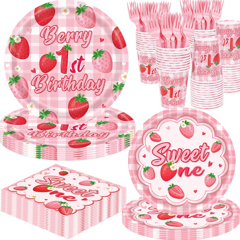 REDWORD Berry First Birthday Decor, 120Pcs Strawberry 1st Birthday Decorations with Plates Napkins Forks Cups Supplies for Girl First Sweet One Birthdays Party Decorations-Serves 24 - Image 1