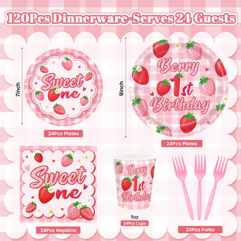 REDWORD Berry First Birthday Decor, 120Pcs Strawberry 1st Birthday Decorations with Plates Napkins Forks Cups Supplies for Girl First Sweet One Birthdays Party Decorations-Serves 24 - Image 2