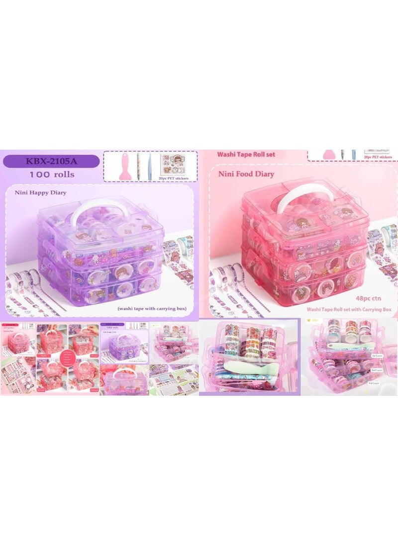 2HEET 2HEET Washi Tape Set 100 Pcs Multicolour with 20 Kawaii Stickers Tweezer Pen Cutter Spatula in 3Layer Box for DIY Crafts Scrapbooking Journaling Multi color  - Image 2