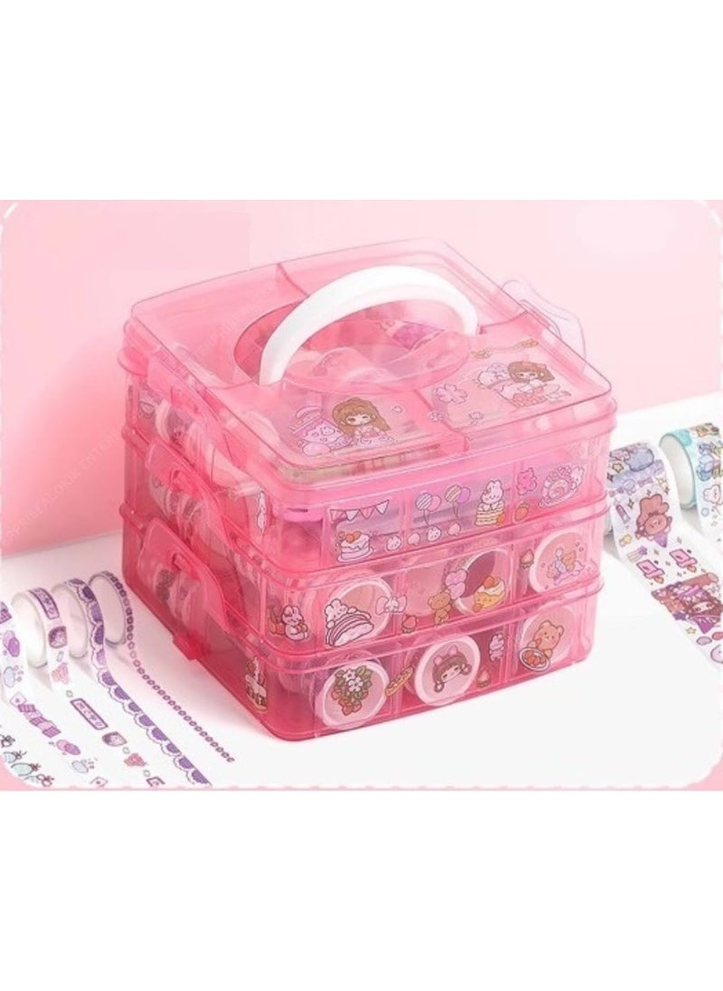 2HEET 2HEET Washi Tape Set 100 Pcs Multicolour with 20 Kawaii Stickers Tweezer Pen Cutter Spatula in 3Layer Box for DIY Crafts Scrapbooking Journaling Multi color  - Image 1