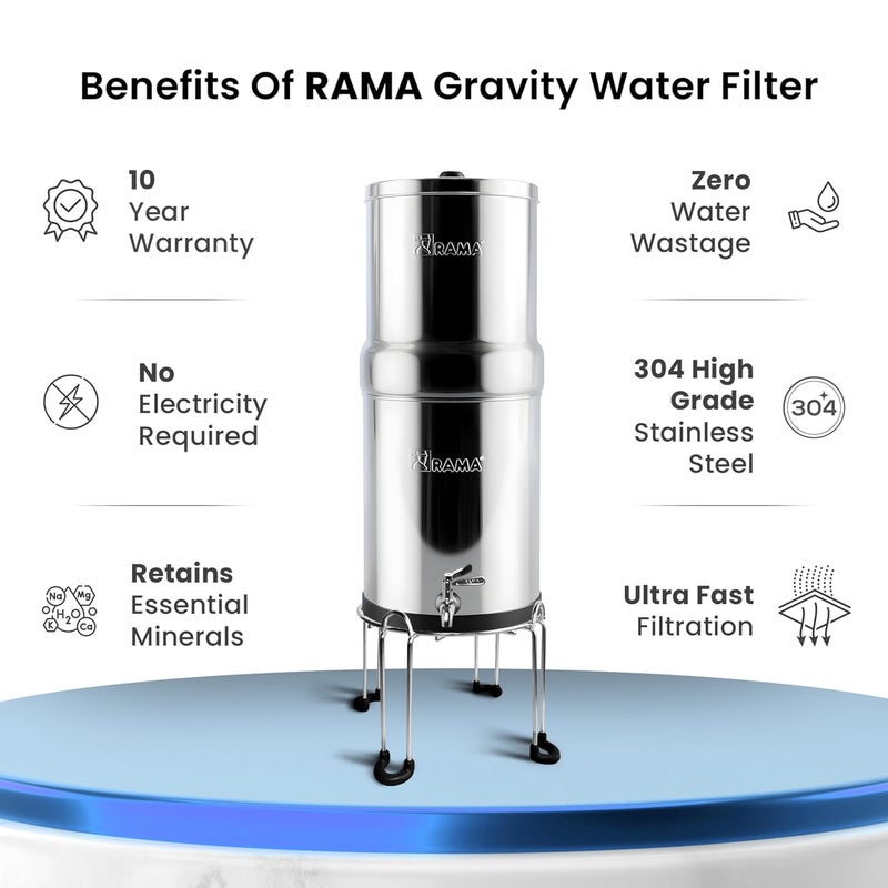 RAMA RAMA Gravity Water Filter 17L Total Capacity 8L Storage 304 Stainless Steel NonElectric Purifier for Home Includes 2 Carbon Candles Steel Tap SS Stand 10Year Warranty  - Image 2