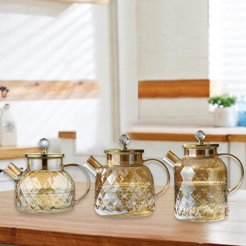 ConvertKitchen Cold Kettle Water Kettle Iced Tea Teapot for Dining Table Kitchen Restaurant Kettle Wooden Crystal Print Lid Gold - Image 4